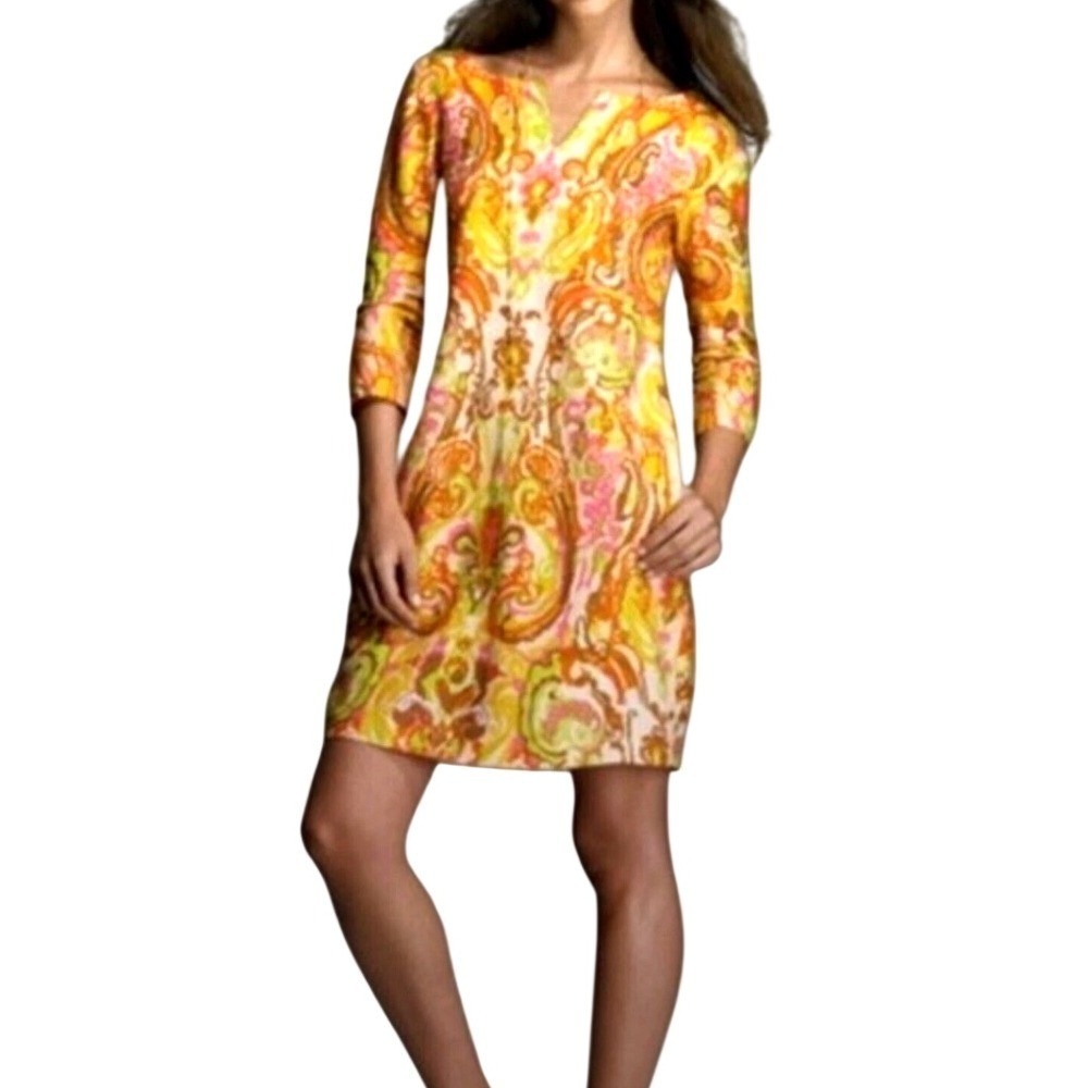 J.Crew Paisley Linen Shift Dress Womens 4 Mod 60s Style Mini Orange